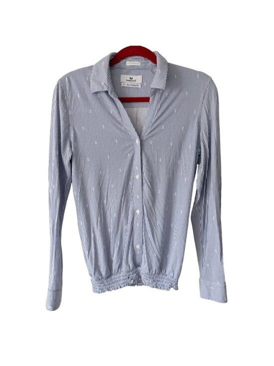 Buttercloth Tops - Buttercloth Icy Bamboo Pre-Tucked Fit Blue White Striped Collared Shirt Small